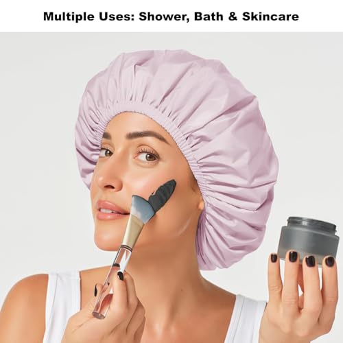2 Pack Shower Caps for Women, Reusable Waterproof Shower Cap with Elastic Band, Thickened Waterproof Fabric Shower Bonnet for Braids, Long Hair - color: Mist Blue/Lavender