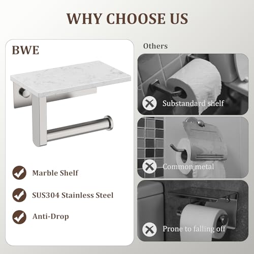 BWE Brushed Nickel Toilet Paper Holder with Marble Shelf, Toilet Paper Roll Holder Wall Mounted, Toilet Paper Roll Holder with Phone Shelf 304 Stainless Steel Tissue Holder for Bathroom Washroom - color: Brushed Nickel