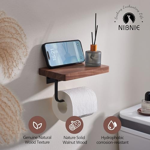 Walnut Wood Toilet Paper Holder with Phone Shelf, Adhesive or Drill Installation Bathroom Washroom Wall Mount Wooden Toilet Tissue Roll Holder with Shelf for Hold Wipes, Cell Phone (Flat) - color: Flat Surface