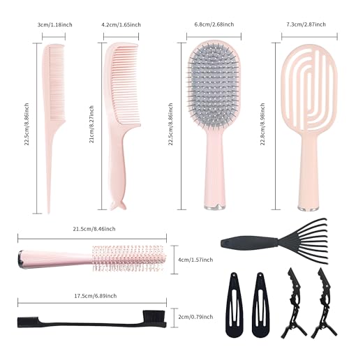 Hair Brush Set, Professional Styling Tools with Combs and Accessories, Pink, Gift Box Included (Pink Brush+Pink Comb) - color: Pink Brush+Pink Comb