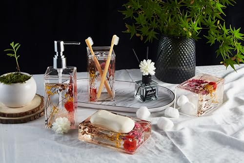 Locco Decor 4 Piece Acrylic Liquid 4D Floating Motion Bathroom Vanity Accessory Set Garden Botanic Pink Plants Toothbrush Holder, Tumbler, Soap Dispenser, Soap Dish - size: 4-piece, style: Pink Plant