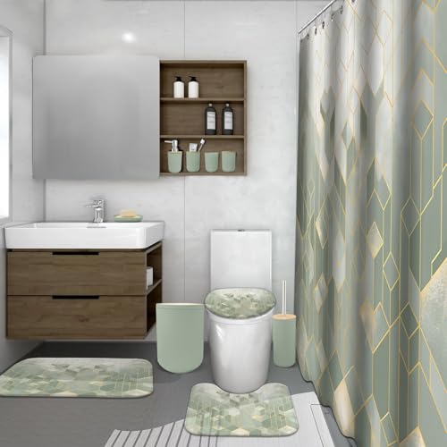 Lnond Sriral Green Bathroom Set, Green Abstract Cubes Bathroom Accessories Sets Complete, Luxury Restroom Set with Shower Curtain and Rugs, Trash Can, Toilet Brush Holder Set & Soap Dispenser - style: Sriral Green