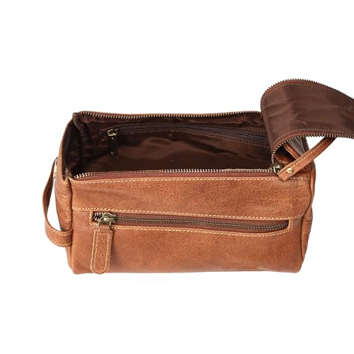 KomalC Premium Buffalo Leather Toiletry Bag for Men & Women With Water resistant Lining, Grooming Travel Pouch, Unisex Wash Bag for Toiletries, Gifts for Men and Women - color: Chicago Buff