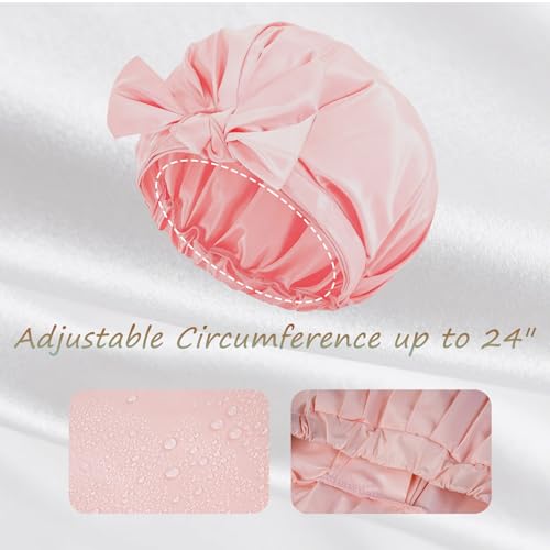 Shower Cap for Women Reusable Waterproof, Large Satin Shower Bonnet, Washable Bath Hat for Long Hair, Braids, Curly Hair, Pink - color: Pink