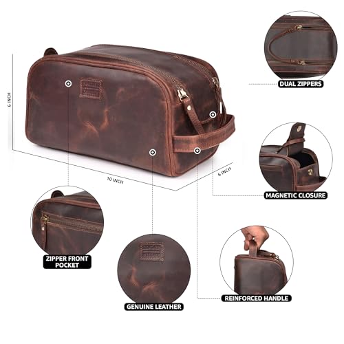 LEATHER VILLAGE Genuine Leather Toiletry Travel Bag With Waterproof Lining - Mulberry Brown | King-Size Handcrafted Vintage Dopp Kit Bag, Shaving & Bathroom Organizer, Gift for Men & Women - color: Mulberry Brown