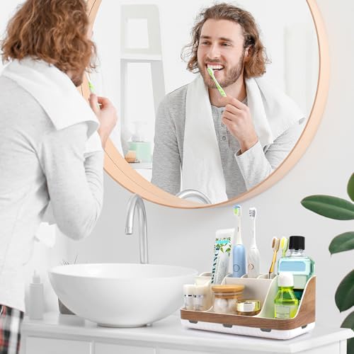 GFWARE Bathroom Countertop Organizer - Detachable 7 Slots Kids Electric Toothbrush and Toothpaste Holde Drainage for Bathroom Accessories Organization Counter Vanity Storage, Woodgrain - color: Woodgrain