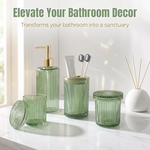 Bathroom Soap Dispenser & Toothbrush Holder Set 4Pcs Green Glass | Bathroom Accessories Set Includes Soap dispenser, Toothbrush holder & Qtip holders, Modern Bathroom Decor, Housewarming gift - style: 4 pcs Green