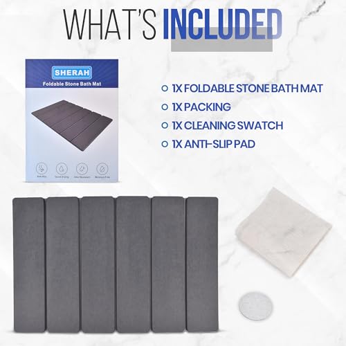 Foldable Diatomaceous Earth Bath Mat, Fast Drying Stone Bathroom Mat, Super Absorbent & Non-Slip, Compact Easy Storage, 23.6 x 15.35 Inch, Grey