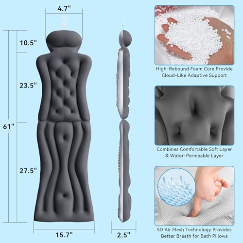 Full Body Bath Pillow for Bathtub RUVINCE Ergonomic Luxury Bathtub Pillow with Head,Neck, Shoulder and Back Support, 6D Bath Pillows for tub with 192 Powerful Suction Cups, Fits All Bathtub - color: Grey