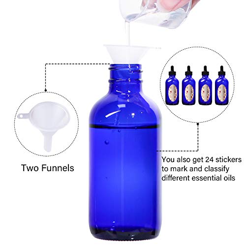 12 Pack 4oz Cobalt Blue Glass Bottles with Glass Eye Droppers for Essential Oils, Perfumes & Lab Chemicals (Brush, Funnels, 2 Extra Droppers, 24 Pcs Labels & 30ml Measuring Cup Included) - color: Cobalt Blue
