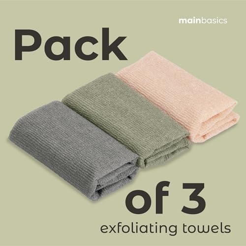MainBasics Japanese Deep Exfoliating Shower Towel, 3 Pack, Earthy Love | Japanese Nylon, Body Washcloth, Textured for Effective Exfoliation, Quick-Dry, Durable, Helps Reveal Smoother Skin - color: Earthy Love