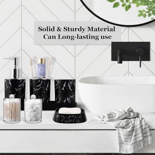 Bathroom Accessories Set, 9-Piece Marble Black Bathroom Set, Black Bathroom Accessories with Slim Trash Can, Soap Dispenser, Toilet Brush, Toothbrush Set, Qtip Holders