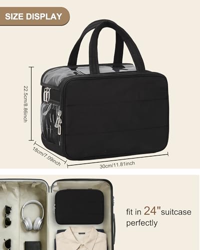 Travel Toiletry Bag for Women with Compartments, Large Wide-open Toiletries Bag for Men, Lightweight Cosmetic Makeup Bag Organizer with Handle for Full-size Shampoo, Conditioner, Door Room Essentials - color: 01-Black, size: X Large