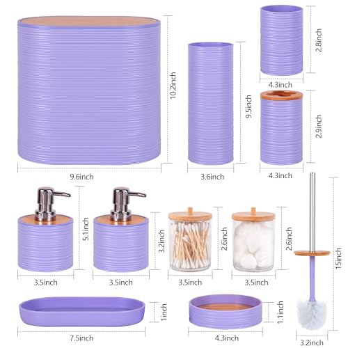 Bathroom Accessory Set,10 PCS Purple Bathroom Set with Trash Can,Toothbrush Holder,Soap Dispenser,Toothbrush Cup,Vanity Tray,Soap Dish,Toilet Brush,Qtip Holders - color: Purple