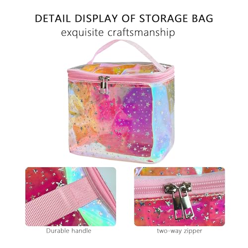 Holographic Star Print Pink Makeup Bag - Portable & Waterproof Barrel-Shaped Toiletry Bag, 8.27x6.7x6.3in Cosmetic Case for Women & Men (Red Star) - color: Holographic pink