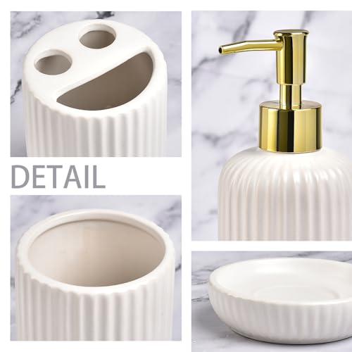 White Bathroom Accessories Set, 4PC Ceramic Bathroom Sets Complete-Toothbrush Holders, Soap Dispenser, Soap Dish, Toothbrush Cup, Modern White Gold Bathroom Decor, Bathroom Organizer for Countertop - size: GWhite-4pcs