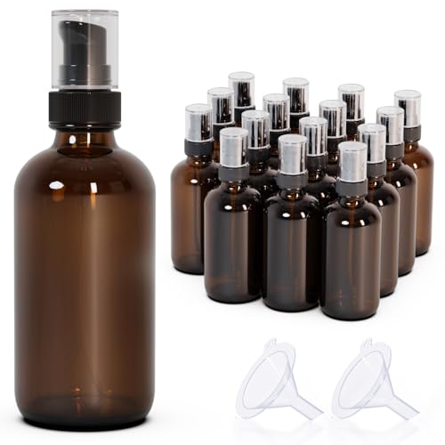 12Pack 4oz Amber Glass Pump Bottles with Black Pump | 120ml, Empty Refillable, Travel Small Container, For Lotion Cream Essential Oil Shampoo - size: 4oz amber