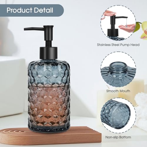 Topsky 2 Pack Glass Soap Dispenser with Plastic Pump, 475ml Liquid Hand Soap Dispenser, Rustproof Pump for Kitchen & Bathroom, Great for Lotions, Essential Oil, Liquid Soaps-Grayish Blue - color: Honeycomb-grayish Blue, size: Plastic Pump