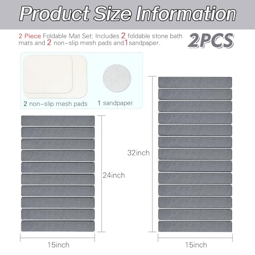 2 Pack Foldable Stone Bath Mats, Gray Super Absorbent Diatomaceous Earth Bath Rug, Non-Slip Shower Mat, Quick-Drying Bath Rug and Drying Mat for Tub and Shower - color: Grey, size: 15×24" + 15×32" Rug + 2 × Non-slip Mat