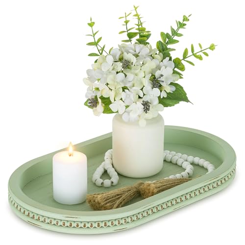 Hanobe Decorative Trays for Coffee Table: Sage Green Oval Bathroom Trays - Wood Modern Farmhouse Decor for Home Kitchen Counter Entryway Table - color: Sage Green