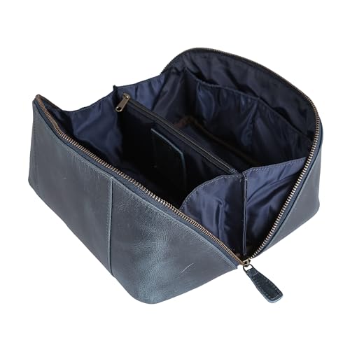 KomalC Luxury Leather Men’s Toiletry Travel Bag – Handmade Shaving Kit with Waterproof Interior, Spacious Storage & Carry Handle – leather travel Kit Bag for Men & Women (Blue) - color: Blue