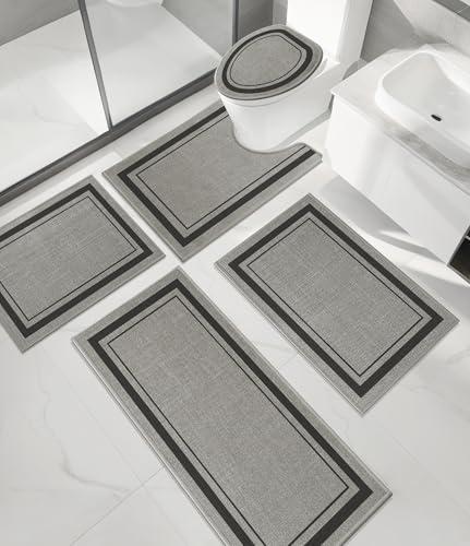 chakme 5 Piece Bathroom Rug Sets, Ultra Thin Bath Mat,Absorbent Non Slip, Durable,Geometric Pattern, Dark Grey, 17" x 24"/17" x 30"/17" x 59" - color: Dark Grey, size: 5-Piece (17" x 24" / 17" x 30" / 17" x 59")