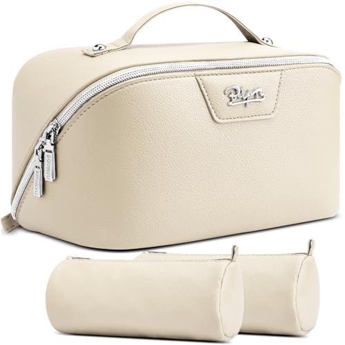 BOYATU Travel Makeup Bag Cosmetic Bags for Women: Large Capacity 3 Pcs Set Make up Bag with Compartments - Waterproof Vegan Leather Toiletry Organizer Bags with Handle (L27Off-white) - color: L27Off-white