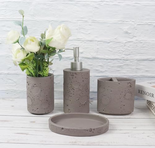 Hymmah Meteorites Bathroom Accessories Set,Farmhouse Bathroom Decor,4 Pcs Resin Gift Set Apartment Necessities, Contain Cotton Swab Jar,Soap Dispenser,Tumbler，Soap Dish/Tray - color: Meteorite