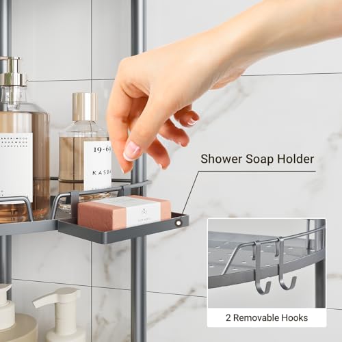 ELYKEN Corner Shower Caddy Standing, 4 Tier Rustproof Metal Shower Organizer with Soap Holder, Floor Shower Corner Shelf Rack Storage Stands with Adjustable Feet & 2 Hooks for Bathroom, Silver - color: Silver, size: 4 Tier