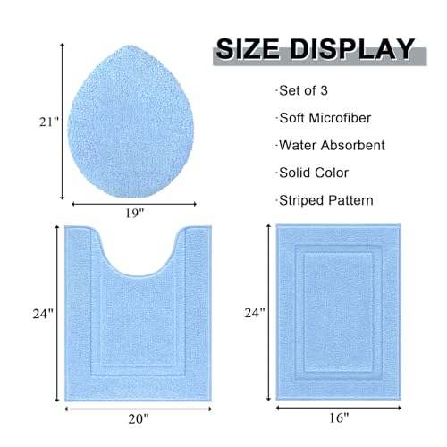 SHACOS Microfiber Bathroom Rugs Set of 3 with Toilet Lid Cover Non Slip | Washable Bath Mat Absorbent Bathroom Carpet 16"x24"+U Shape Toilet Rug 20"x24"+Toilet Lid Cover 19"x21", Light Blue - color: Light Blue, size: 16"x24"+U-Shape 20"x24"+Lid Cover 19"x