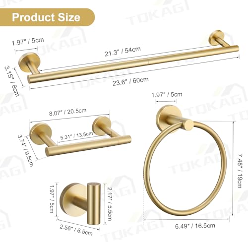 TQKAG 8-Pieces Bathroom Hardware Set Brushed Gold SUS304 Stainless Steel Bath Towel Bar Set 23.6 Inch Round Bathroom Accessories Kit Wall Mounted - color: Brushed Gold, size: 8-Pieces Set