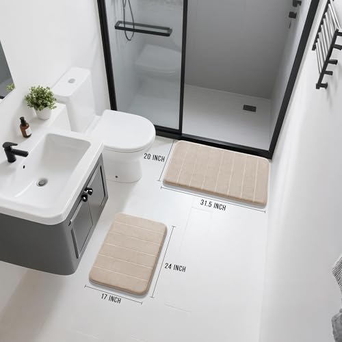Yimobra Memory Foam Bathroom Rugs Sets 2 Piece - Super Soft Absorbent Quick Dry Bath Mat Set, Machine Washable Non Slip Floor Carpet for Tub Shower & Single Sink (17x24 & 31.5x20 Inch, Beige) - color: Beige, size: 31.5x20+24x17 Inch