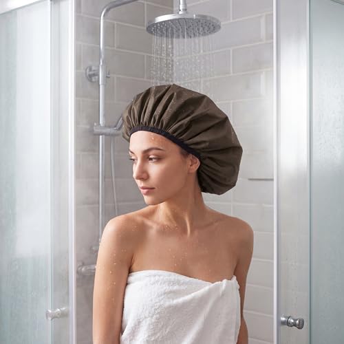 Extra Large Shower Cap for Women, Reusable Waterproof Shower Bonnet with Satin Lining, Double Layer Washable Bath Hair Cap for Braids, Locs, Long Thick Curly Hair, Natural Hair(Big Dark Coffee) - color: Dark Coffee