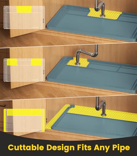 Wohbay Under Sink Mats for Kitchen Waterproof, 34" X 22" Or Smaller Cut to Fit Under Sink Drip Tray for Kitchen Bathroom Cabinets, Silicone Sink Liner Hold Up to 3.3 Gallons Liquid - Teal - color: Teal