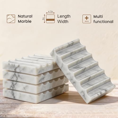Natural Marble Soap Dish for Shower Stone Tray Small Bar Soap Holder with Self Draining, Non-Slip, Luxury Bath Room Accessories, Sponge Dish Scrubbers Tray for Kitchen Sink Counter Top (Carrara White)