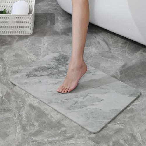 J&V TEXTILES Marble 24x15 Stone Bath Mat Diatomaceous Earth Shower Mat Non-Slip Super Absorbent Diatomite for Bathroom Floor Quick-Drying Easy to Clean (Gray Marble) - color: Gray Marble
