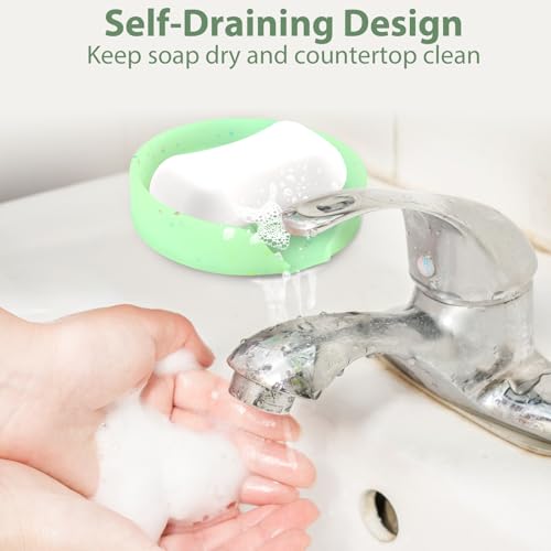 Silicone Bathroom Soap Dishes, Self Draining Waterfall Bar Soap Holder & Saver, Dish Soap Tray, Sponge Holder, 13 Non-Slip Suction Cups Dishwasher Safe for Bathroom Kitchen Shower Sink Organizer Green - color: Green