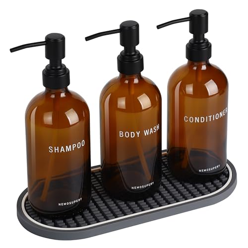 Amber Glass Shampoo and Conditioner Dispenser Set – 16.9oz Refillable Bottles with Stainless Steel Pump, Non-Slip Mat & Waterproof Labels –Shampoo Conditioner Body Wash Dispenser for shower - color: Amber