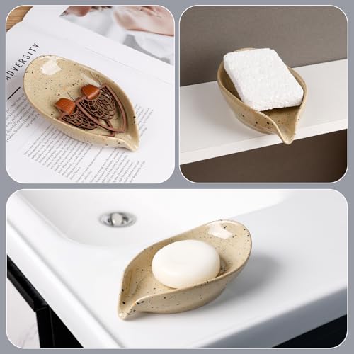 Soap Holder, Self Draining Soap Dish, Leaf Shape Bar Soap Holder Ceramic Drain Soap Dishes for Bathroom Sink Shower Kitchen, Easy to Clean Keeps Soap Dry, ANTIS'S HOME - color: Lightcurry-1pcs-enhanced Draining