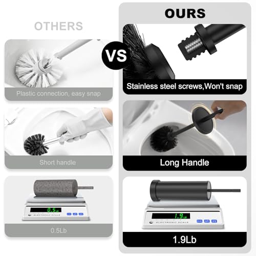 Black Toilet Brush and Holder Set，Stainless Steel Heavy Duty Toilet Bowl Brush，Extra Long Handled Modern Toilet Cleaner Brush with Replaceable Head, Removable Inner Bowl