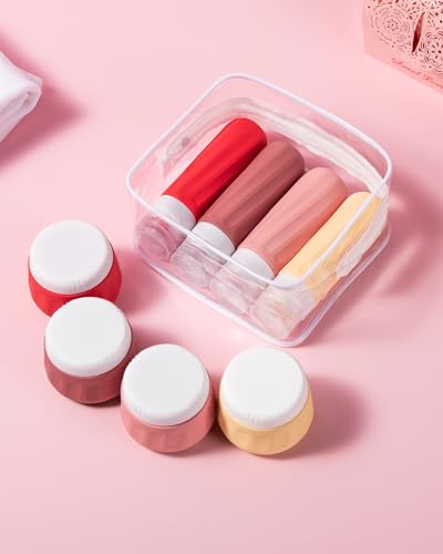 Mrsdry Travel Size Toiletries 8 Pack, TSA Approved 3oz Silicone Squeeze Bottles & Cream Jars with Clear Travel Bag - color: Cherry Red, size: 3oz bottle 3oz jar