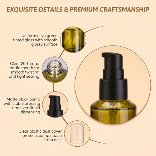 3 Pcs Green Glass Pump Bottles, Portable Travel Lotion Bottles, Refillable Cosmetic Dispenser Jars, Sample Trial Vials for Foundation Cream Gel Toiletries (30ml/1oz) - color: Green, size: 30ml/1oz