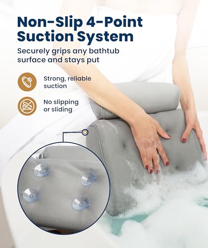 Everlasting Comfort Luxury Bath Pillow for Tub – Quick-Dry 4D Mesh – Gray | Head/Neck/Back Support, Non-Slip Suction Cups, Machine Washable, Drying Hook, Bath/Spa/Jacuzzi Essentials - color: Gray, size: Large