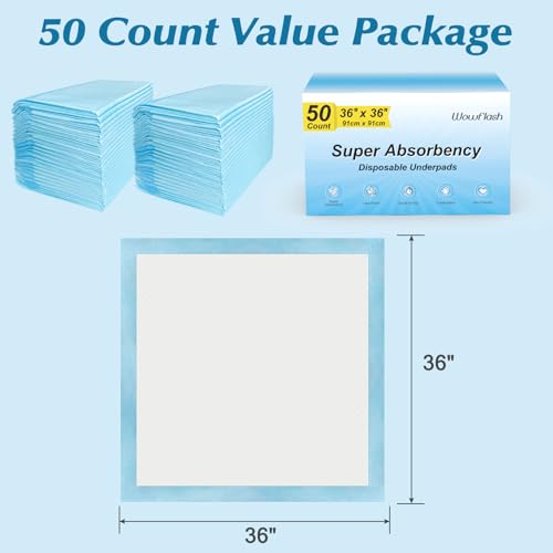50 Count 36" x 36" Super Absorbency Disposable Underpads - Leakproof Quick Drying Pads for Baby, Puppy & Adults, Bed Pads, Incontinence & Dog Pee - size: 50 Count 36" x 36"