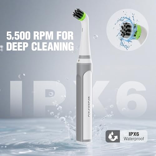 WORKPRO Cordless Grout Brush Set, 5500RPM Power Scrubber, IPX6 Waterproof Electric Scrubber with Type-C Charging Cable and Replaceable Brush Heads for Cleaning Grout, Tiles, Grime, and Crevices