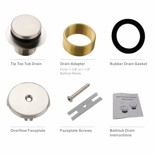 HIDROP Brushed Nickel Tip Toe Bathtub Drain Kit, 1-Hole Overflow Faceplate | Stainless Steel Bath Tub Drain, Universal Fine/Coarse Thread fit 1-3/8" or 1-1/2" Tub Drain, Bathtub Replacement Drain Kit - color: Brushed, style: 1 Hole