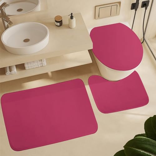 Bathroom Rugs Set 3 Piece Minimal Hot Pink Modern Bath Rug Mat Set, Non Slip Absorbent Bathroom Decor Mat, Toilet Lid Cover & U Shaped Contour Rug - color: Hot Pink, size: 1'8" x 2'6" (Rectangular)