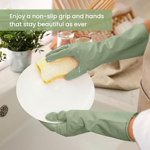 Rubber Cleaning Gloves for Dishwashing, 4 Pairs Reusable Kitchen Gloves for Washing Dishes and Household Cleaning, Green Dish Gloves with Flocked Lining and Non-Slip Grip, Pefect for Woman Men - S - color: Green, size: Small