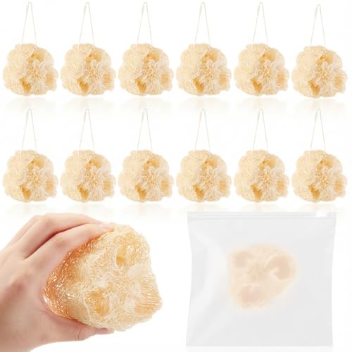 24 Pcs Mini Natural Loofah Sponges, 12 Pcs 2 Inch Single Wrapped Egyptian Loofah Bath Sponge with 12 Travel Pouches, Exfoliating Shower Scrubber for Body Face Skin Care & Kitchen Cleaning