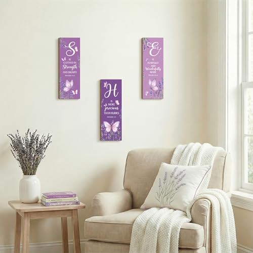 3Pcs Purple Christian Motivational Wooden Wall Decor for Women Purple Butterfly Wall Art Bible Verse Inspirational Home Decor Wooden Signs Religious Housewarming Gifts for Mom Bedroom & Office - style: Purple Christian